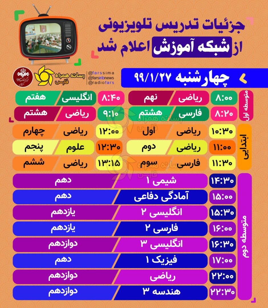 جدول زمانی برنامه‌های درسی روز چهارشنبه