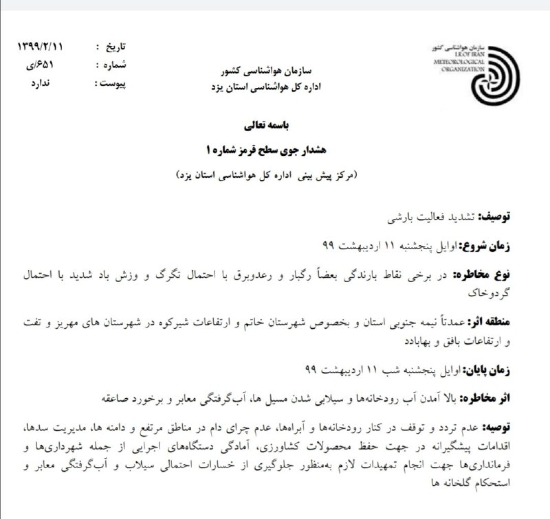 هشدار سطح قرمز هواشناسی استان یزد