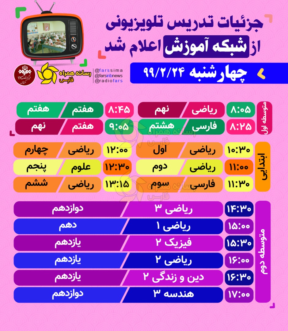 جدول پخش مدرسه تلویزیونی روز چهارشنبه