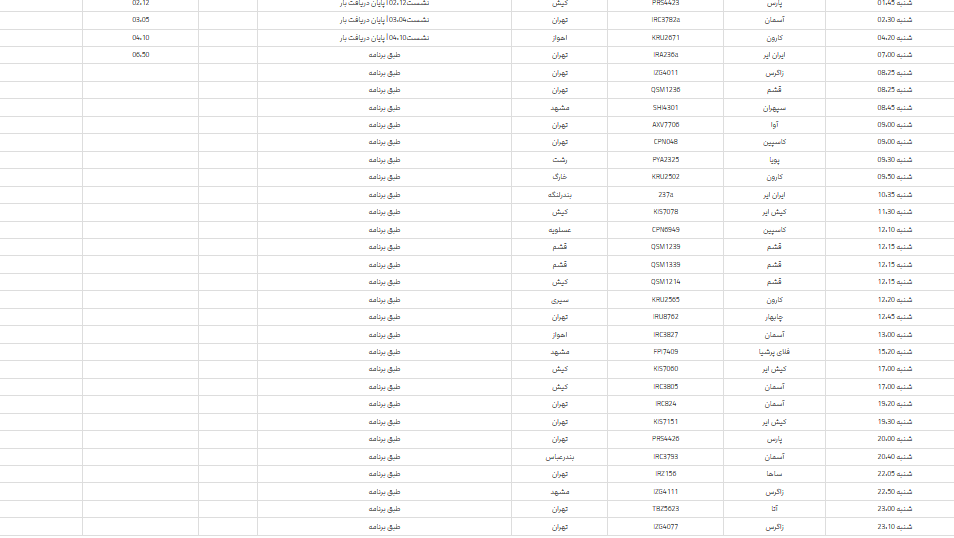 برنامه پرواز‌های فرودگاه شیراز؛ شنبه ۲۶ خرداد