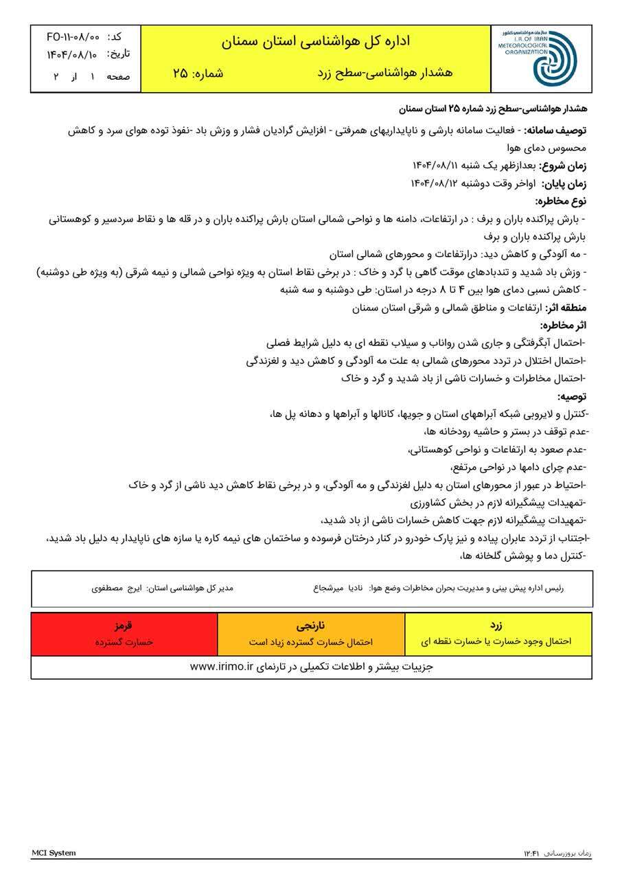 اعلام هشدار باد و باران در سمنان